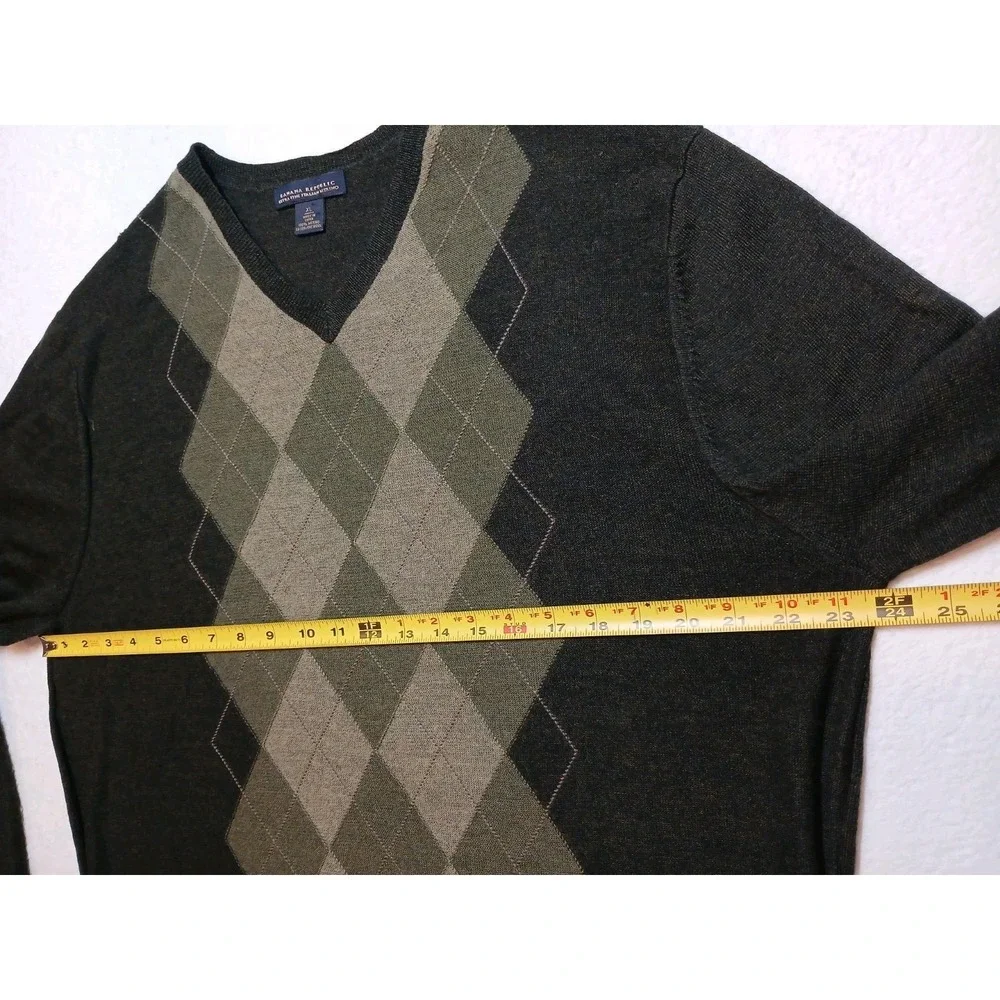 Banana Republic Men XL Sweater Extra Fine Italian Merino Wool Argyle Black Olive